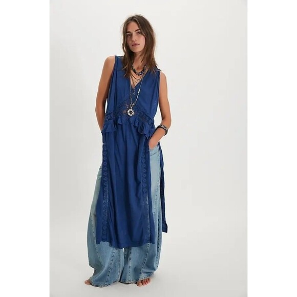 Free People Willow Maxi Top Cochet Lace Ruffle Cotton Jersey Blue S New 283791 - Picture 1 of 9